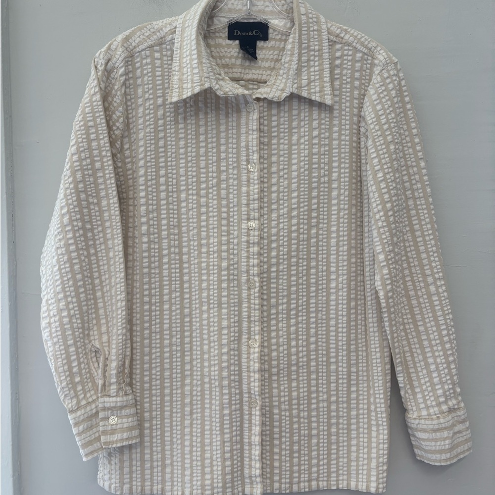 Denim&Co Cream Striped Textured Button Up Top‎ Size Small